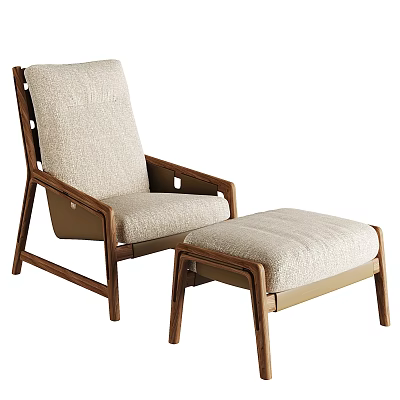 Modern Minimalist Lounge Chair With Ottoman And Wooden Frame Beige Upholstered Seat 3d model