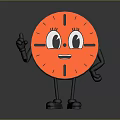 Orange Round Cartoon Clock Character With Anthropomorphic Eyes Arms Legs Raising Index Finger