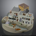 Scenic Miniature Village Model Featuring Yellow Roof House White Buildings River Boats Greenery Street Lamps