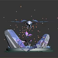 Cartoon Fantasy Scene With Purple Butterfly Stone Flowers And Small Island