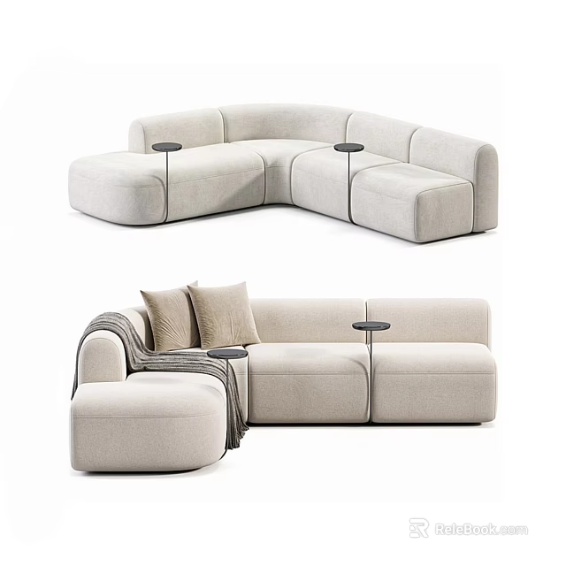 Modern Beige Sectional Sofa With Modular Design Side Tables And Decorative Pillows 3d model