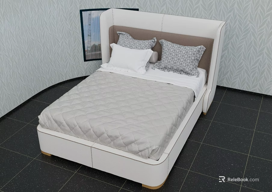 Modern Double Bed with White Upholstered Headboard Gray Quilted Mattress and Decorative Pillows 3d model 