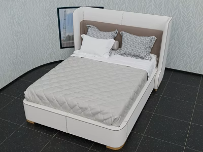 Modern Double Bed with White Upholstered Headboard Gray Quilted Mattress and Decorative Pillows 3d model