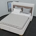 Modern Double Bed with White Upholstered Headboard Gray Quilted Mattress and Decorative Pillows