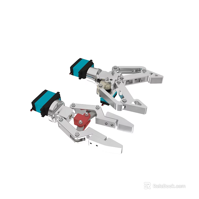 Two Industrial Mechanical Arms With Blue Red Components And Metal Gripping Mechanisms 3d model 