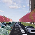 Urban Road Design With Multiple Lanes Vehicles Green Belts And Buildings