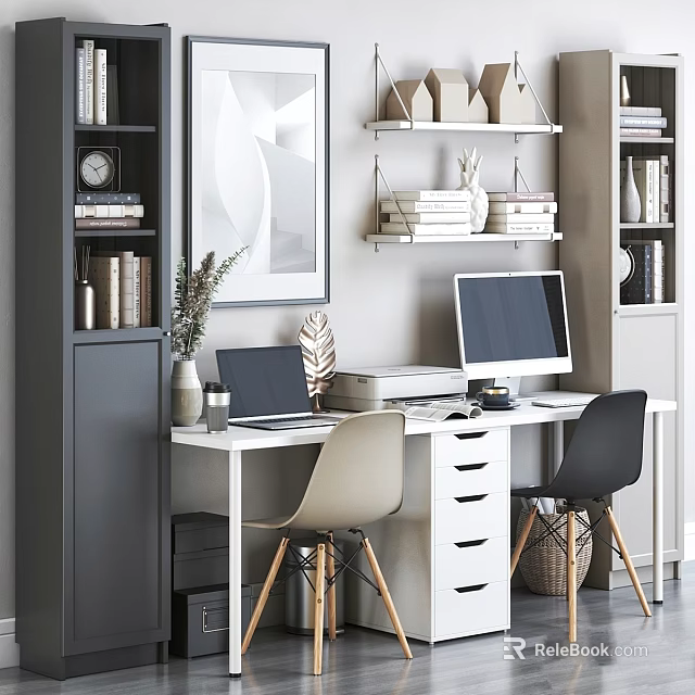 Home Office Study Space With White Desk Light And Black Chairs Bookshelves Decorations 3d model 
