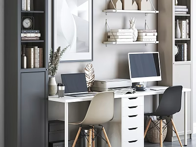 Home Office Study Space With White Desk Light And Black Chairs Bookshelves Decorations 3d model