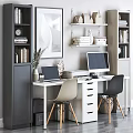 Home Office Study Space With White Desk Light And Black Chairs Bookshelves Decorations