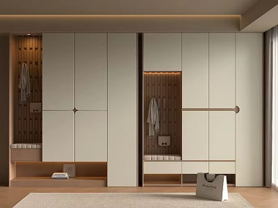 Modern Shoe Cabinet Interior Design With Light Colored Cabinets Wooden Accents And Hanging Storage 3d model