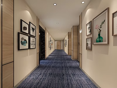 Hotel Corridor With Wooden Walls Decorative Artworks Navy Blue Carpet Green Plants And Recessed Lighting 3d model