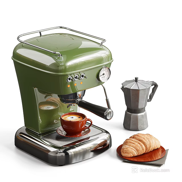 Green Espresso Coffee Machine With Silver Moka Pot And Croissant In Kitchen 3d model 