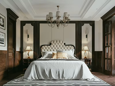 Elegant Bedroom Interior With Tufted Headboard Chandelier Dark Wood Decor And Geometric Rug 3d model
