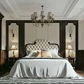 Elegant Bedroom Interior With Tufted Headboard Chandelier Dark Wood Decor And Geometric Rug