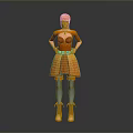 Woman With Orange Hair Wearing Orange Dress Green Gem Necklace Blue Tights And Orange Boots