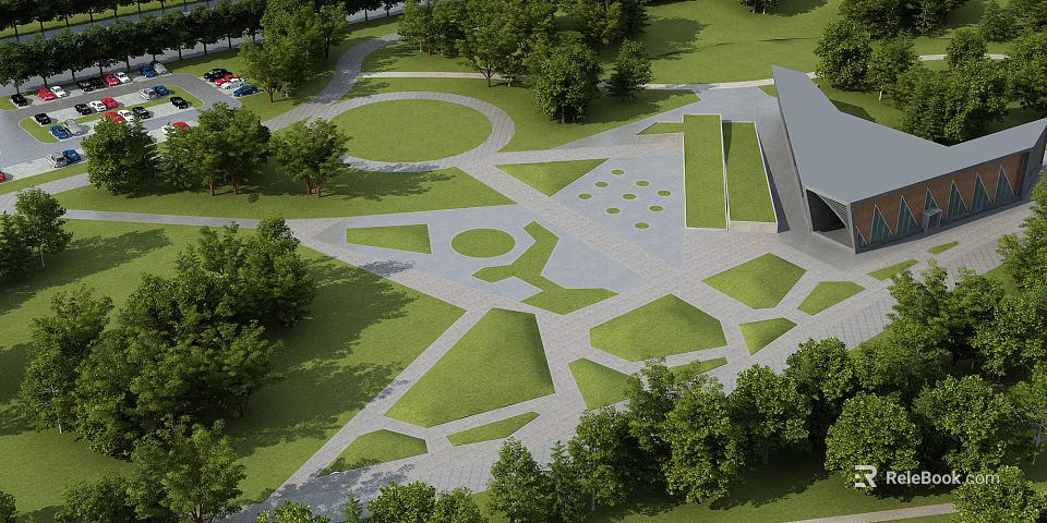 Modern Urban Park Landscape Design With Green Lawns Trees And Geometric Pathways 3d model 