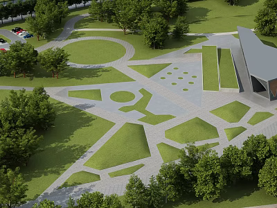 Modern Urban Park Landscape Design With Green Lawns Trees And Geometric Pathways 3d model