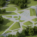 Modern Urban Park Landscape Design With Green Lawns Trees And Geometric Pathways