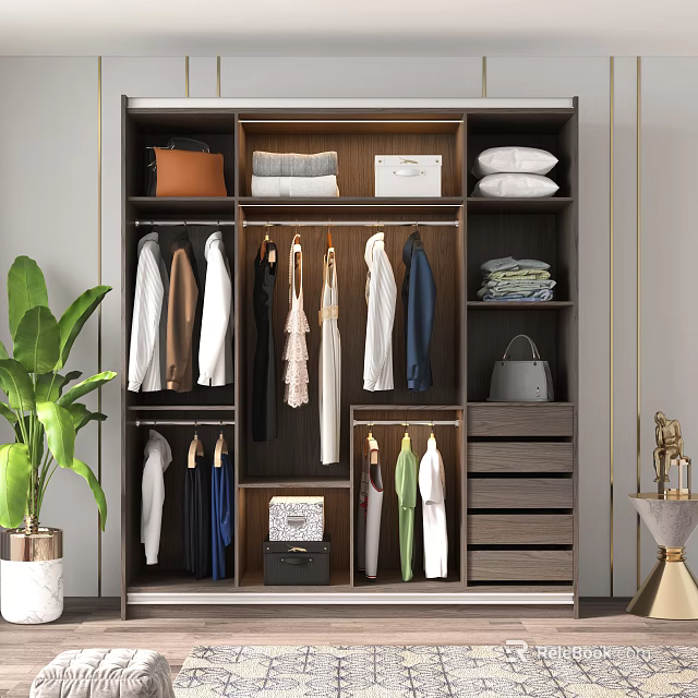 Modern Wardrobe Interior Design With Hanging Clothes Folded Items Drawers And Handbag 3d model 