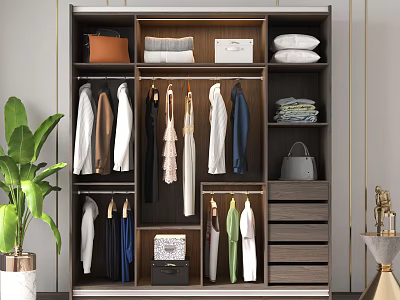 Modern Wardrobe Interior Design With Hanging Clothes Folded Items Drawers And Handbag 3d model