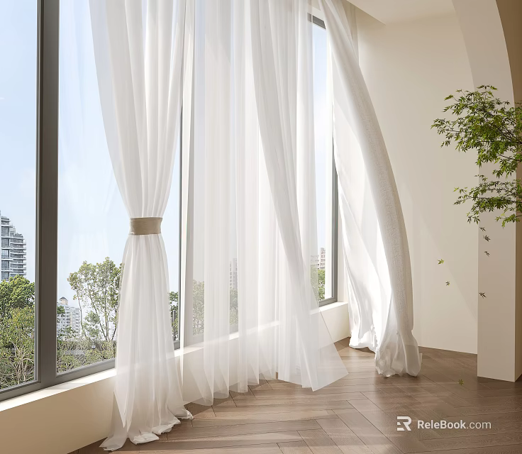 Sheer White Curtains Adding Elegance To Bright Interior With Large Windows And Scenic View 3d model