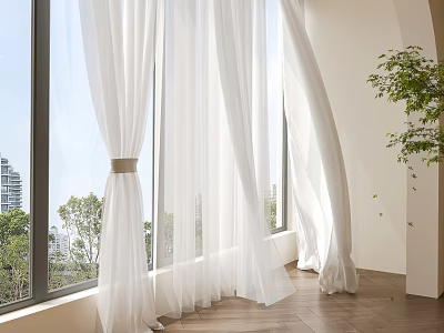 Sheer White Curtains Adding Elegance To Bright Interior With Large Windows And Scenic View 3d model