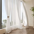 Sheer White Curtains Adding Elegance To Bright Interior With Large Windows And Scenic View 3d model