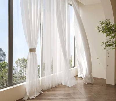 Sheer White Curtains Adding Elegance To Bright Interior With Large Windows And Scenic View 3d model