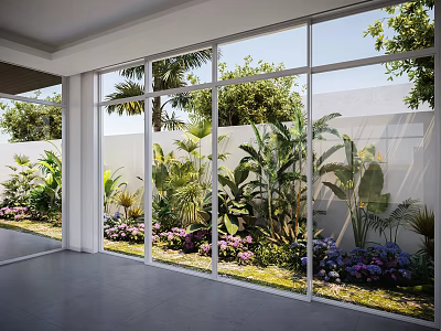 Indoor View Of Outdoor Garden With Diverse Flowering Plants And Tropical Greenery Through Large Glass Windows 3d model