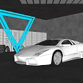 Silver Sports Car In Modern Futuristic Display With Triangular Neon Light And Circular Decorative Lights