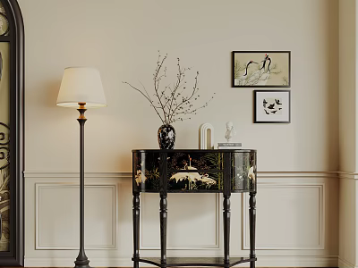 Elegant Decorative Cabinet With Floor Lamp Vase Branches And Framed Artworks On Beige Wall 3d model