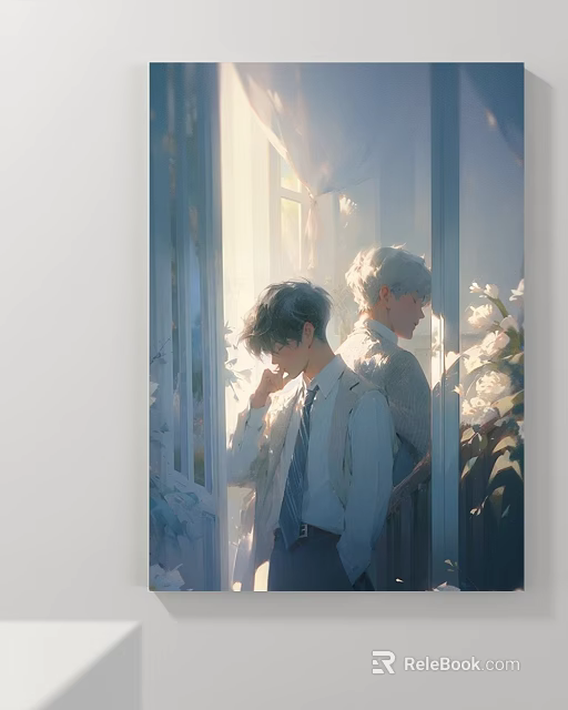 Portrait Painting Of Two Figures In Shirts And Ties By Window With Sunlight And Flowers 3d model 