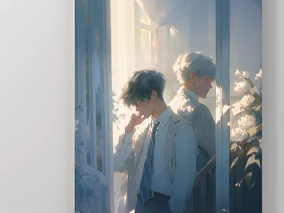 Portrait Painting Of Two Figures In Shirts And Ties By Window With Sunlight And Flowers 3d model