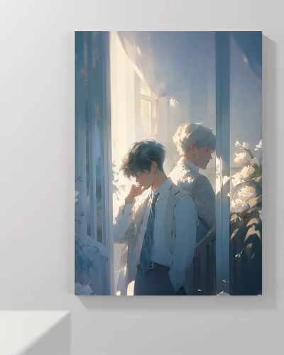 Portrait Painting Of Two Figures In Shirts And Ties By Window With Sunlight And Flowers 3d model