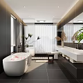 Modern Bathroom Interior With Dark Walls White Bathtub Flower Petals Green Plants And Large Windows