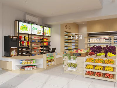 Modern Fruit Store Interior With Fresh Fruits And Shelves 3d model
