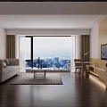 Modern Hotel Room Interior With King Bed Floor to Ceiling Window and City View