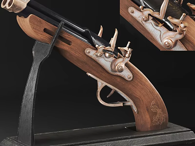 Vintage Pistol With Wooden Stock And Metal Components Engraved Details On Black Display Stand 3d model