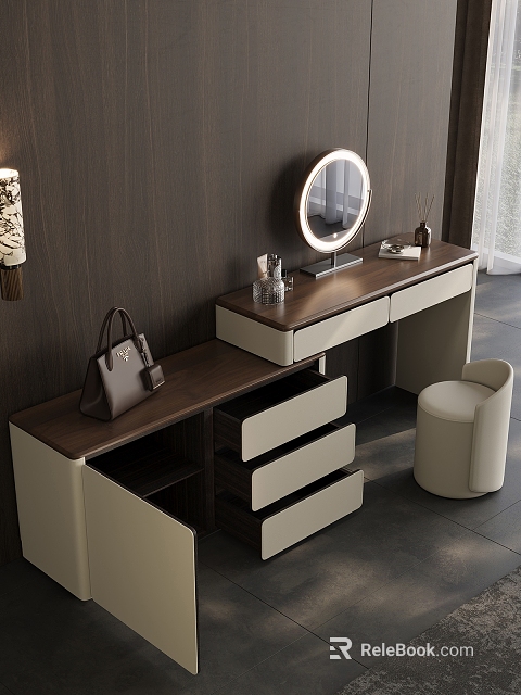 Modern Dressing Table With Dark Brown Wooden Top Beige Drawers Round Mirror And Beige Stool 3d model 
