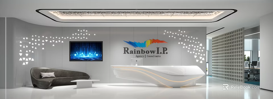 Modern Sleek White Office Reception Area With Curved Desk Brand Logo Wall And Digital Screen 3d model 