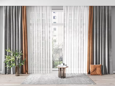 Modern Gray Brown Velvet Curtains With White Sheer Panels By Window And Potted Plant 3d model