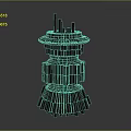 Cartoon Style Tower Constructed From Wooden Blocks With Glowing Blue Lines