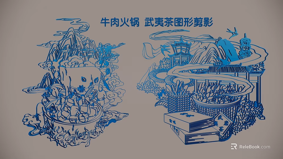 Chinese Style Hanging Pendant with Beef Hotpot and Wuyi Tea Graphic Silhouette Design 3d model 
