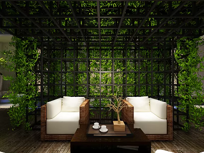 Lush Green Vines Enclosed Rattan Sofa Coffee Table Set White Cushions Wooden Floor Grid Frame 3d model