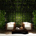 Lush Green Vines Enclosed Rattan Sofa Coffee Table Set White Cushions Wooden Floor Grid Frame
