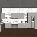 Modern Kitchen Interior With Gray Cabinets Refrigerator Oven And Wooden Floor