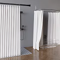 White Bathroom Curtains Featuring Vertical Blinds And Shower Curtains For Shower Area With Wooden Floor