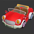 Red Convertible Toy Car With Yellow Top Brown Seats White Wheels And Headlights