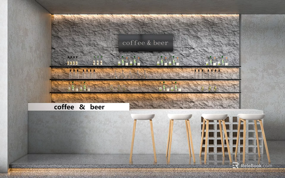 Modern Bar Counter With Stone Wall Coffee Beer Shelves And White Stools 3d model 