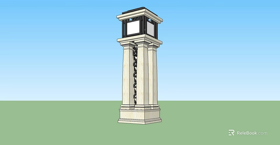 Classical Tower Featuring Column Structure Clock Section and Stone Base Under Blue Sky Green Grass 3d model